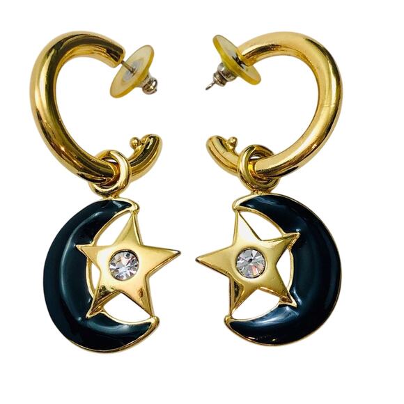 Vintage 80's Earrings Black Half Moon Gold Hoop Dangle Rhinestone Spacecore - Picture 7 of 16